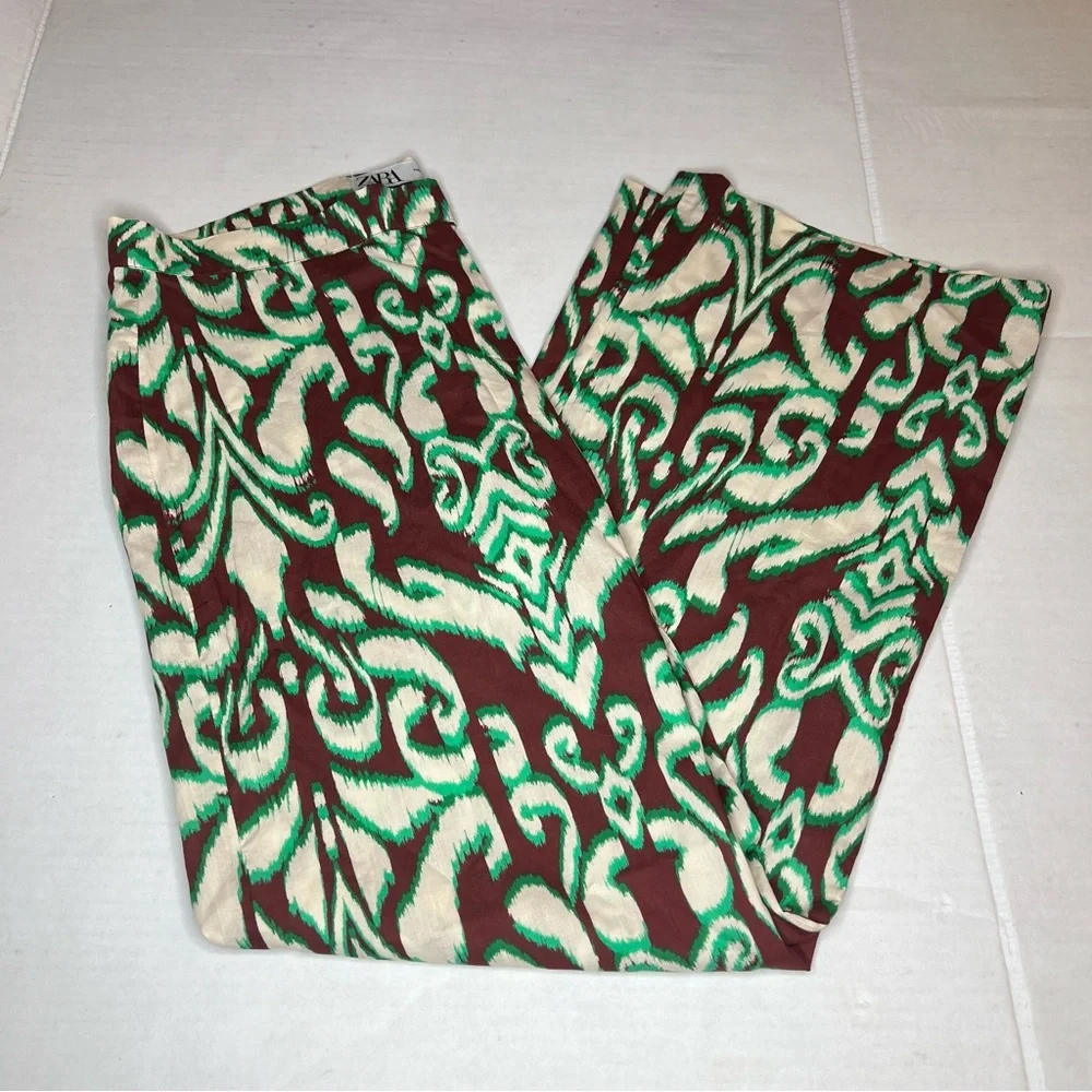 New Zara Selena Cotton Tropical Wide Flare Pant Midrise Green Brown Boho Large - Picture 4 of 10
